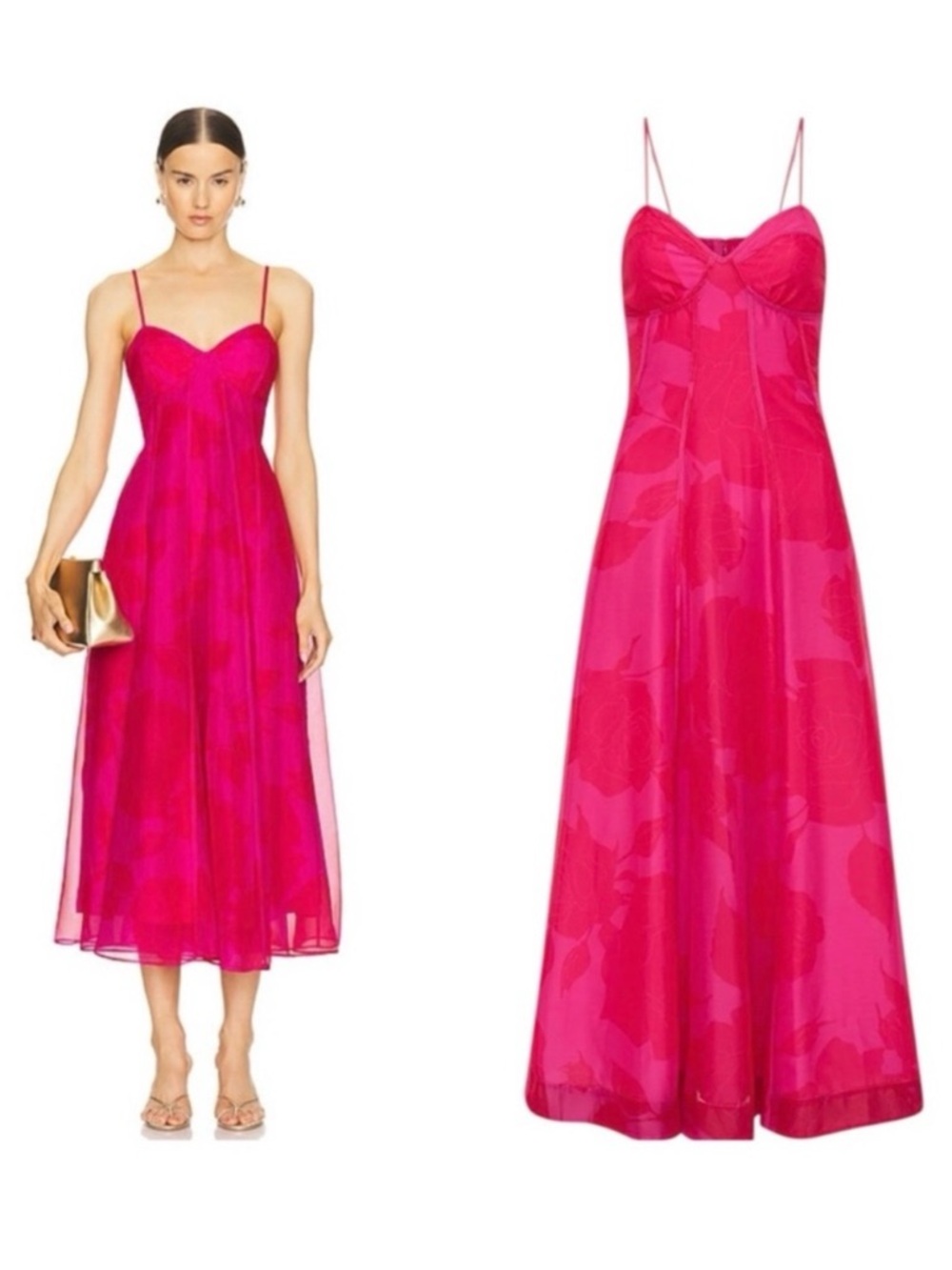 AJE Sway Paneled Red & Pink Fluorescent Rose Spaghetti Strap Midi Dress